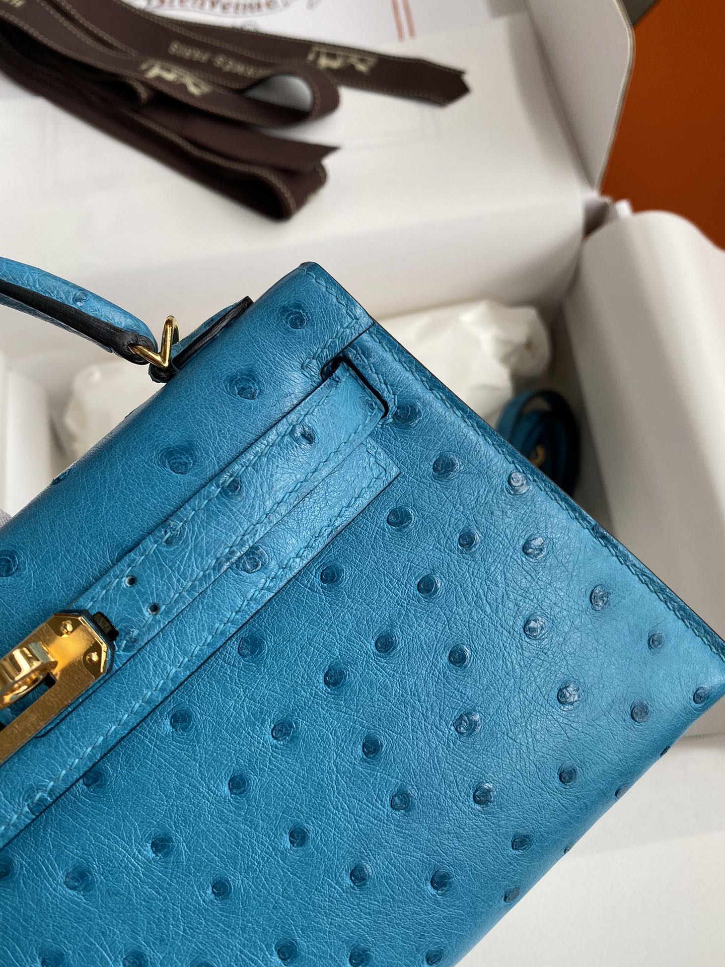 Hermes Kelly Mini II Bag 19CM In Blue Azteque Ostrich Leather